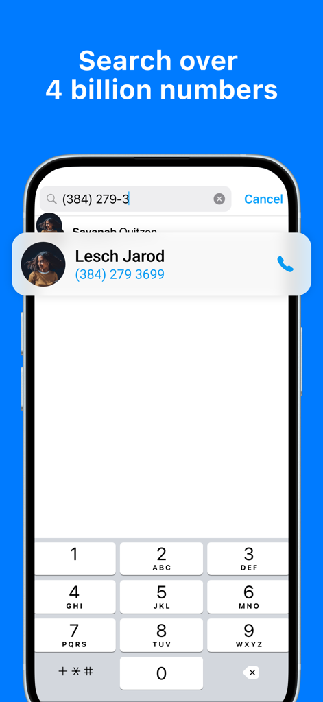 Sync.ME app interface showing reverse number lookup with caller identification and contact photo.