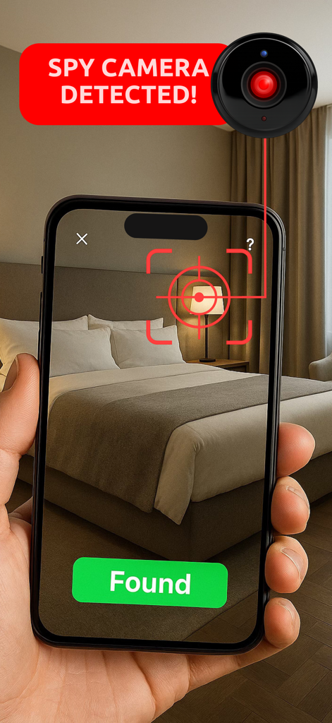 Device Detector - Spy Finder - Mano sosteniendo un teléfono usando la aplicación Device Detector para encontrar una cámara oculta en una lámpara de hotel
