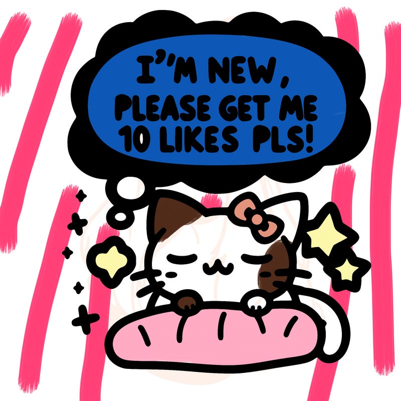 kitty taking a nap dream talking and saying "i'm new, please get me at least 10 likes pls!!"