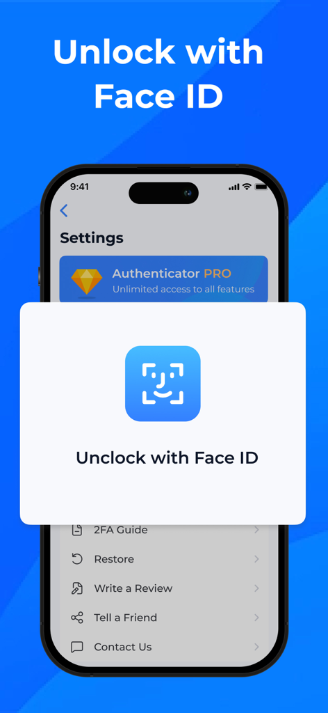 Déverrouillage biométrique sécurisé par Face ID dans l'application d'authentification.