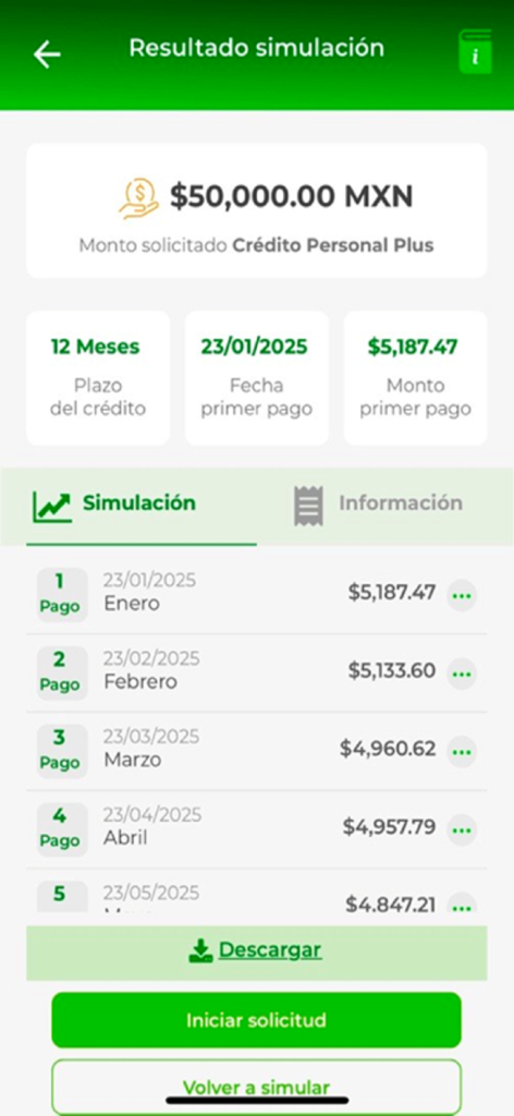 Pantalla de la app móvil mostrando el resultado de la simulación de un préstamo personal de 50000 pesos a 12 meses con detalles de pago mensual