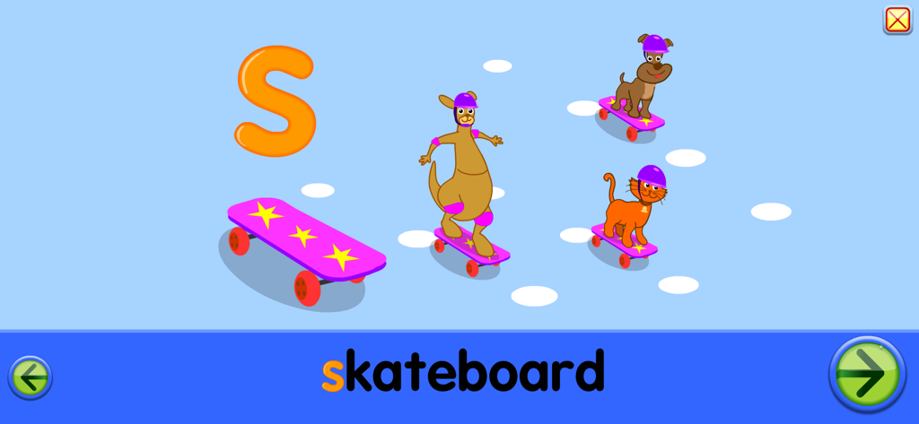 Atividade de fonética da letra S com animais em patins