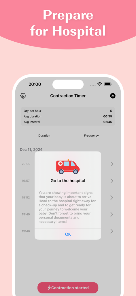 Contraction Timer: Track Labor - Contraction Timer app showing a Go to the hospital notification with labor duration and frequency statistics