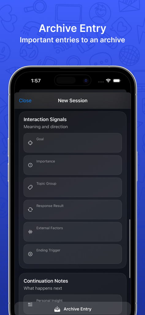 CaIl App lD Sessions - Interface of the Call App ID Sessions showing a new session screen with interaction signals and continuation notes in dark mode.