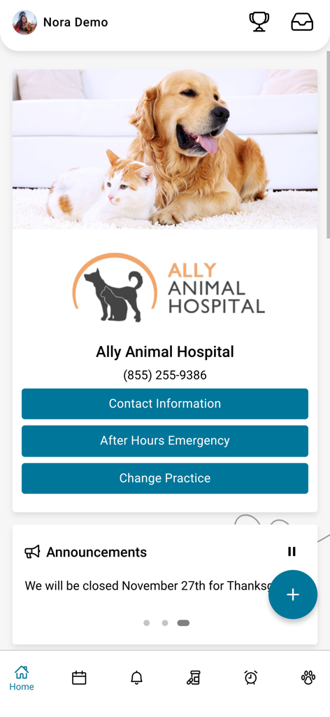PetPage - PetPageアプリのホーム画面、Ally Animal Hospitalの連絡先情報とペットのお知らせを表示