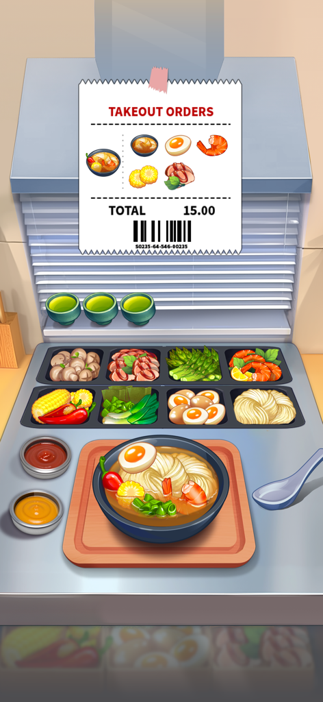 Una estación de cocina en Royal Cooking mostrando un tazón de ramen y un recibo de pedido para llevar.