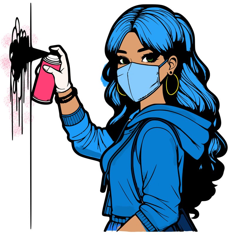 realistic girl with mask spray painting a wall