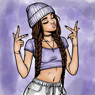 realistic teenage girl with braids and a beanie and crop top doing 🫶🏼