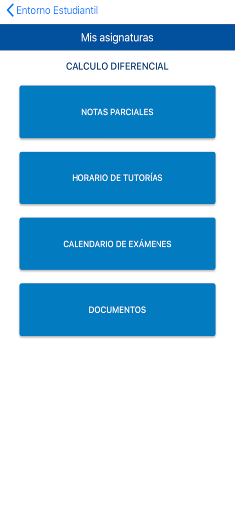 Entorno estudiantil - Pantalla de la aplicación Entorno Estudiantil mostrando opciones del curso de Cálculo Diferencial como calificaciones y horarios de exámenes