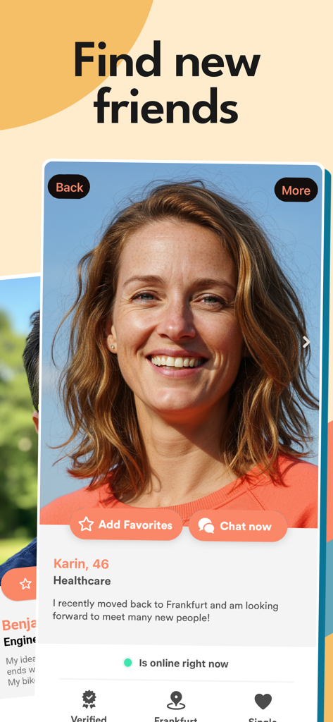 A user profile screen on the Meet5 app showing a 46 year old woman with options to add to favorites and chat