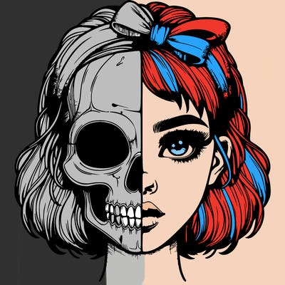 realistic girl with half skull mask