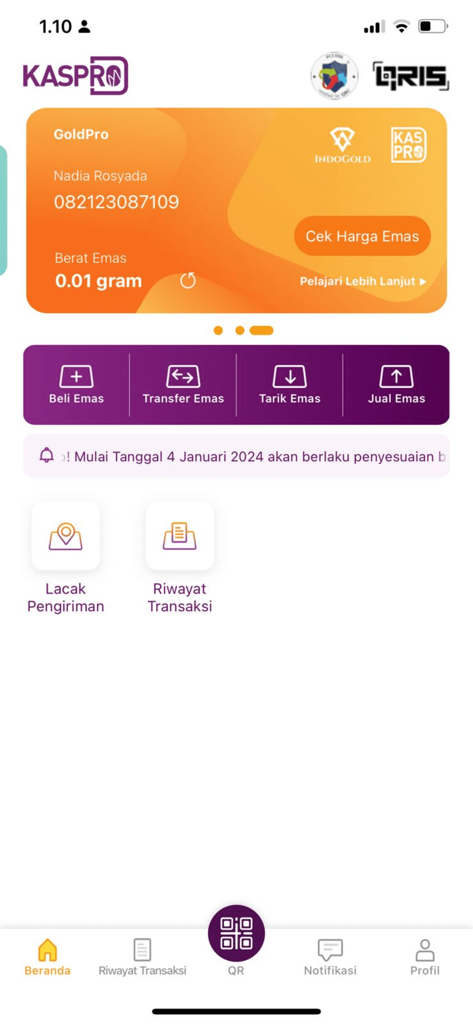 KasPro - Tela do aplicativo KasPro exibindo opções de investimento GoldPro para compra e venda de ouro