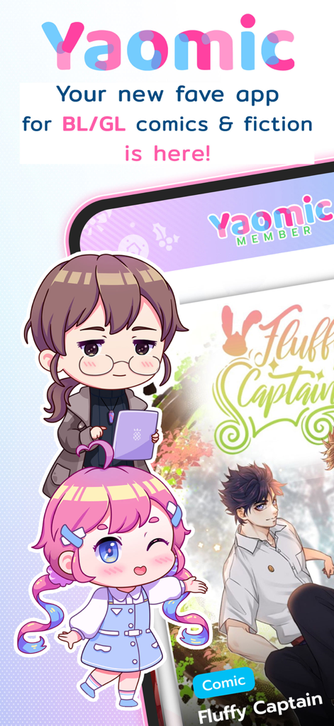 Yaomic: Comics, Fiction, Yaoi - Tela de introdução do aplicativo Yaomic para quadrinhos BL e GL com personagens chibi fofos e arte de anime.