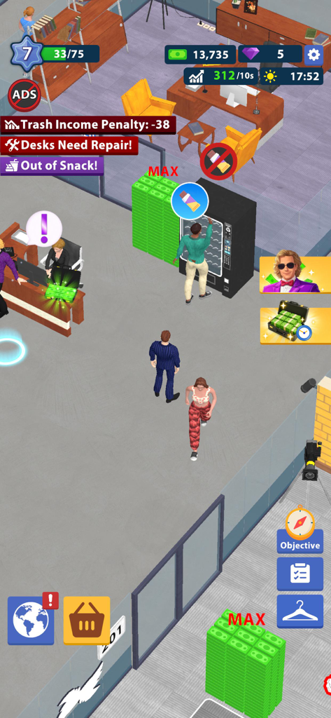 Office Life Tycoon game screenshot showing employees and money stacks in an office environment