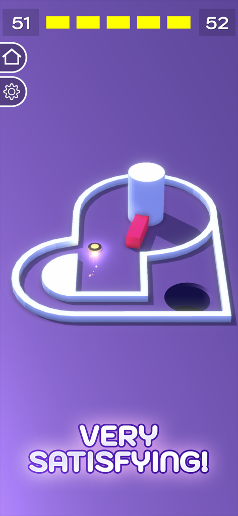 Buca! Fun, Satisfying Game - Captura de pantalla de la jugabilidad de Buca que muestra un disco navegando por un nivel morado en 3D con el texto Muy Satisfactorio.