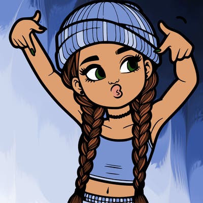 realistic teenage girl with braids and a beanie and crop top doing 🫶🏼
