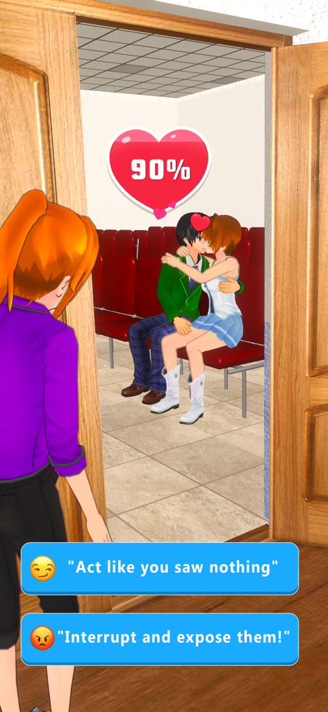 A gameplay screenshot showing a character discovering a couple kissing and two choices: Act like you saw nothing or Interrupt and expose them.