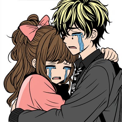 teenage manga girl hugging boy crying