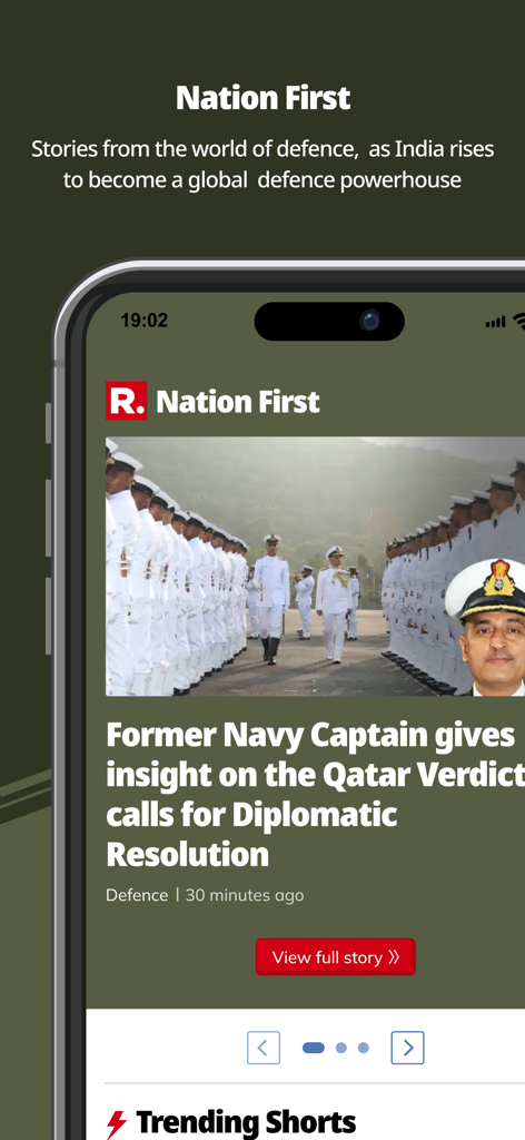 Republic World Digital - Pantalla de la aplicación Republic World Digital con la sección Nation First, con noticias y actualizaciones de defensa de la India.