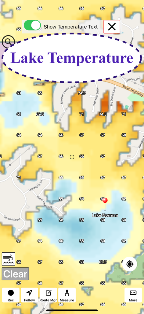 Marine Weather-Wind Tide Wave - A color coded map displaying water temperatures on Lake Norman for fishing and marine activities
