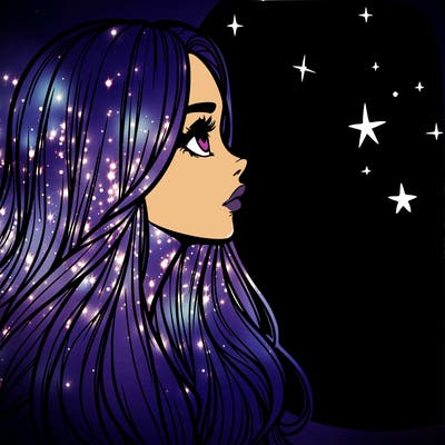 realistic woman long hair looking at stars in sky