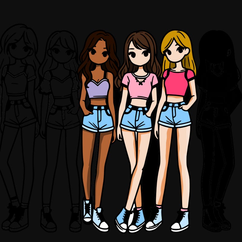 a group of girls wearing crop tops and shorts