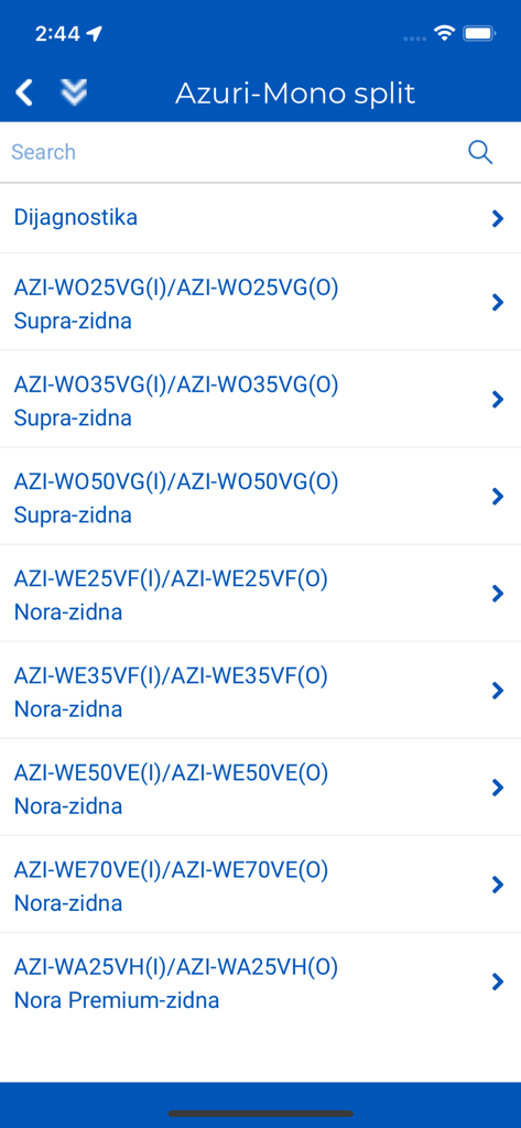 DELTRON Digital - A technical list of Azuri-Mono split air conditioning model numbers and diagnostic options within the DELTRON Digital mobile app.