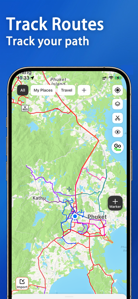 My Map－Marker,Save,Track&Plan - Mobile app interface displaying multiple colored travel routes and location markers on a digital map.