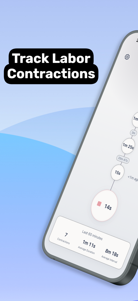 Pantalla de un teléfono inteligente que muestra una aplicación de temporizador de contracciones de parto con una línea de tiempo de las contracciones recientes y promedios de 60 minutos.