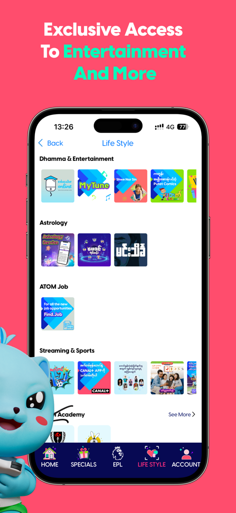 La sección Estilo de vida de la aplicación ATOM Store que muestra categorías como Astrología de Entretenimiento y Empleos