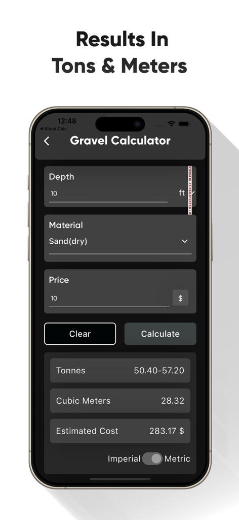 Interface of the Block Calculators app showing the Gravel Calculator results in tonnes and cubic meters with estimated cost.