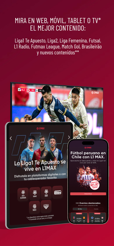 L1 MAX - L1 MAX application interface displayed on a smart TV, tablet, and smartphone showing Peruvian soccer matches and leagues