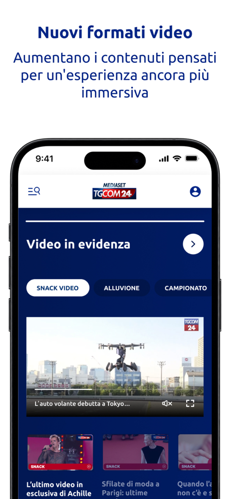 TGCOM24 - TGCOM24 app interface showcasing new video news formats and featured content