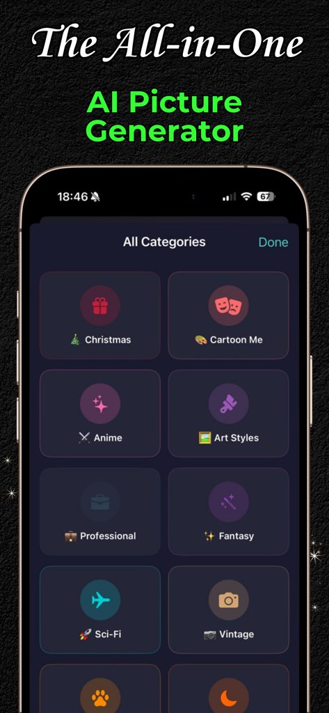 Pict: AI Photo Editor & Filter - Pict app interface showing AI image generation categories like Anime Cartoon Me and Fantasy