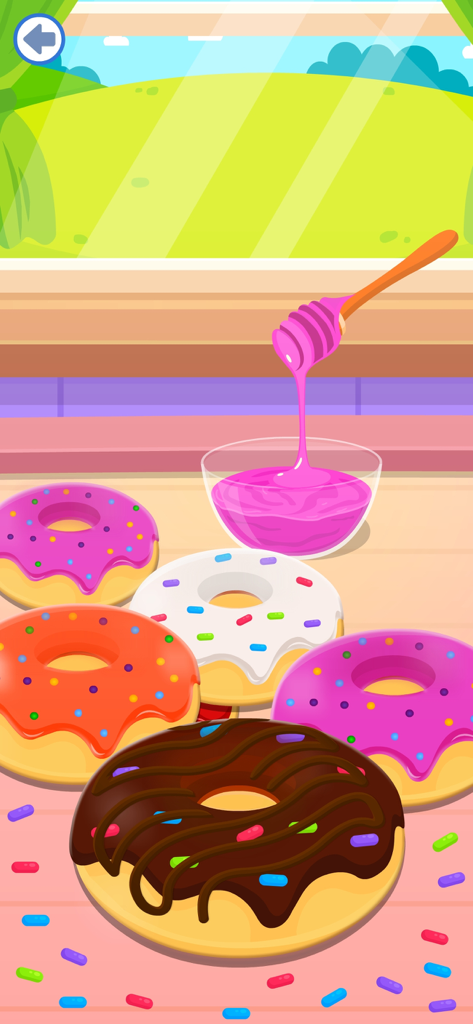 Donut Maker Games for Kids 4-5 - A variety of decorated donuts with pink glaze and sprinkles in a cartoon kitchen