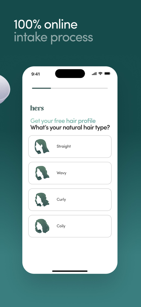 Hers: Women’s Healthcare - Hers app interface showing a 100 percent online intake process for a hair care profile questionnaire
