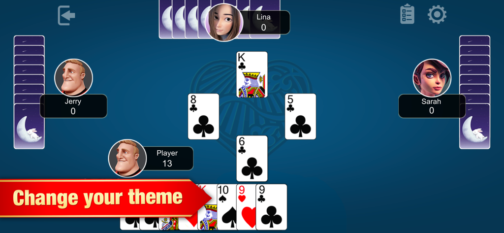 Jogo de cartas Copas clássico com temas personalizáveis e avatares de jogadores