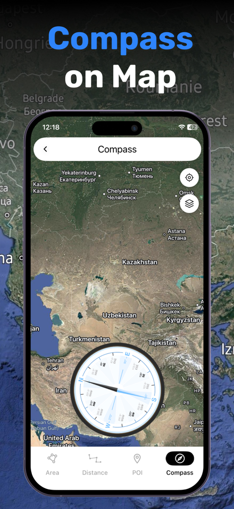 GPS Field Area Measurement - 土地のナビゲーションと測定のために、衛星地図上にデジタルコンパスオーバーレイが表示されているスマートフォン