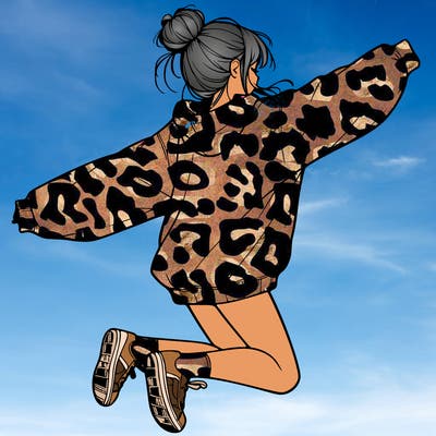 realistic girl jumping with a bun and oversized sweatshirt