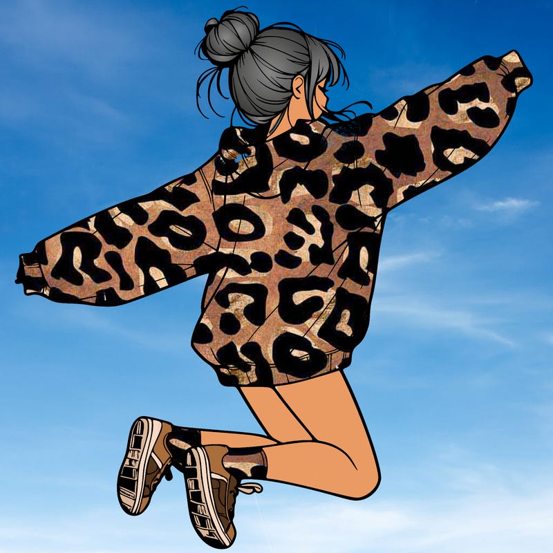 realistic girl jumping with a bun and oversized sweatshirt