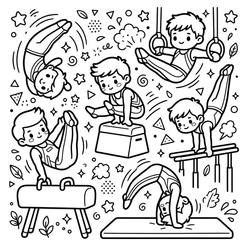 Unleash your creativity with this delightful Kawaii male gymnasts coloring page. Explore a collection of charming gymnasts performing impressive feats, ready for your artistic touch and vibrant colors.