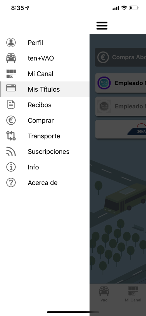 Menú de navegación lateral de la aplicación Via Movil que muestra opciones de billetes y transporte en Tenerife