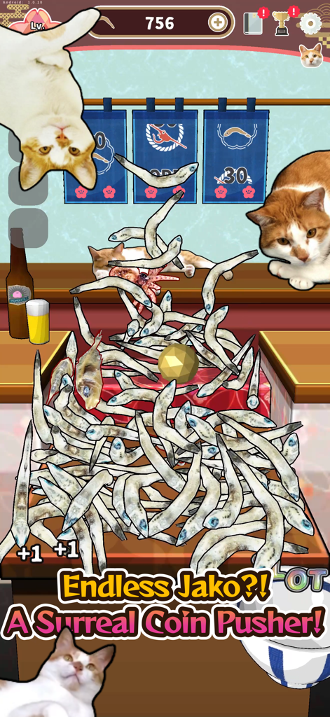 Jako Collection - A surreal coin pusher game screen featuring a pile of dried sardines and cute cats