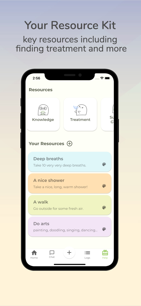 Brighter Bite - ED Recovery - Brighter Biteアプリのインターフェース。摂食障害回復のための深呼吸やウォーキングなどの対処戦略を備えたリソースキットページが表示されています。