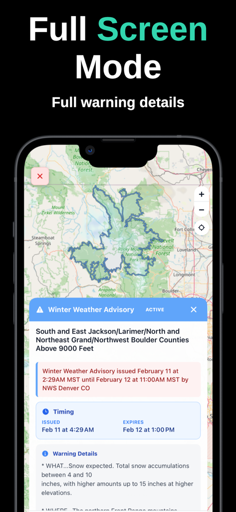 Storm Tracker by WeatherAlerts - Full screen mode of Storm Tracker app showing detailed winter weather advisory with map polygon and timing information