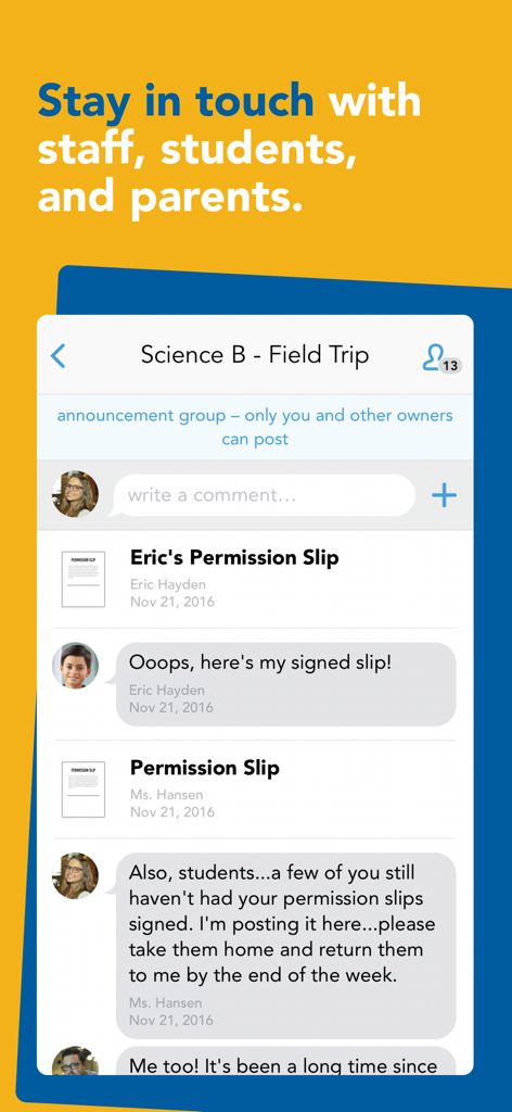 L'interface de l'application mobile Showbie affiche un groupe d'annonces de classe destiné aux enseignants, aux élèves et aux parents.