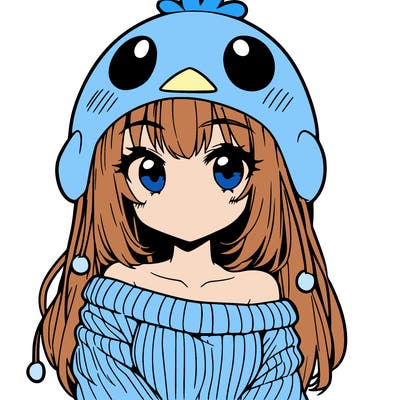anime girl with chick shaped hat with sweater with bare shoulders with bangs covering them one eye with low tail