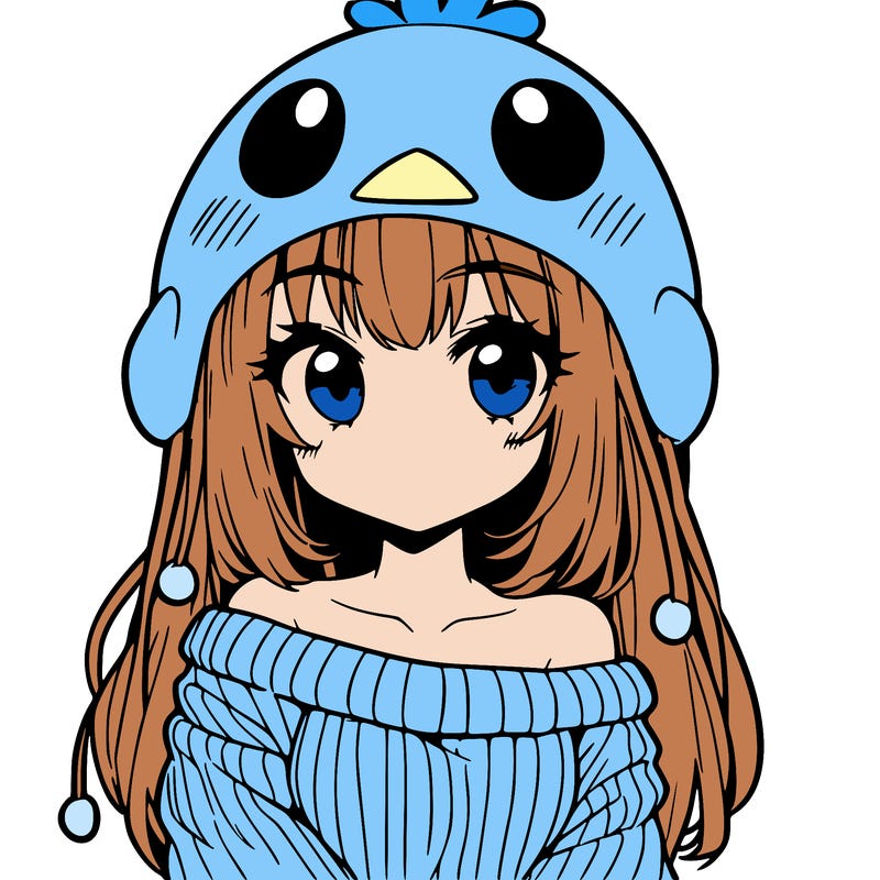 anime girl with chick shaped hat with sweater with bare shoulders with bangs covering them one eye with low tail