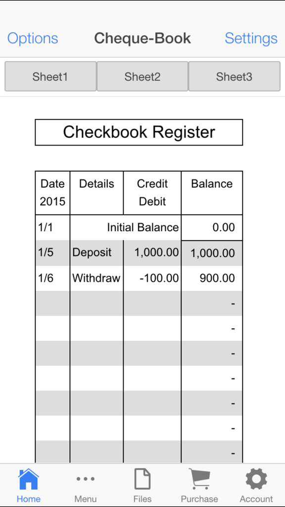 Check Book Register - Digital checkbook register screen showing manual transaction entries and account balance