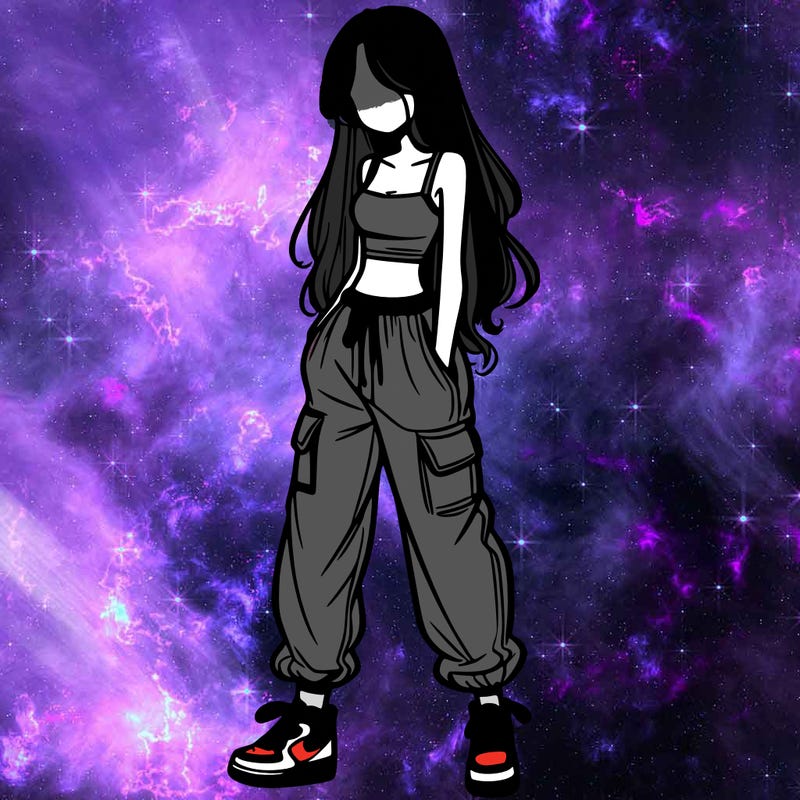 girl in baggy pants crop top and long hair